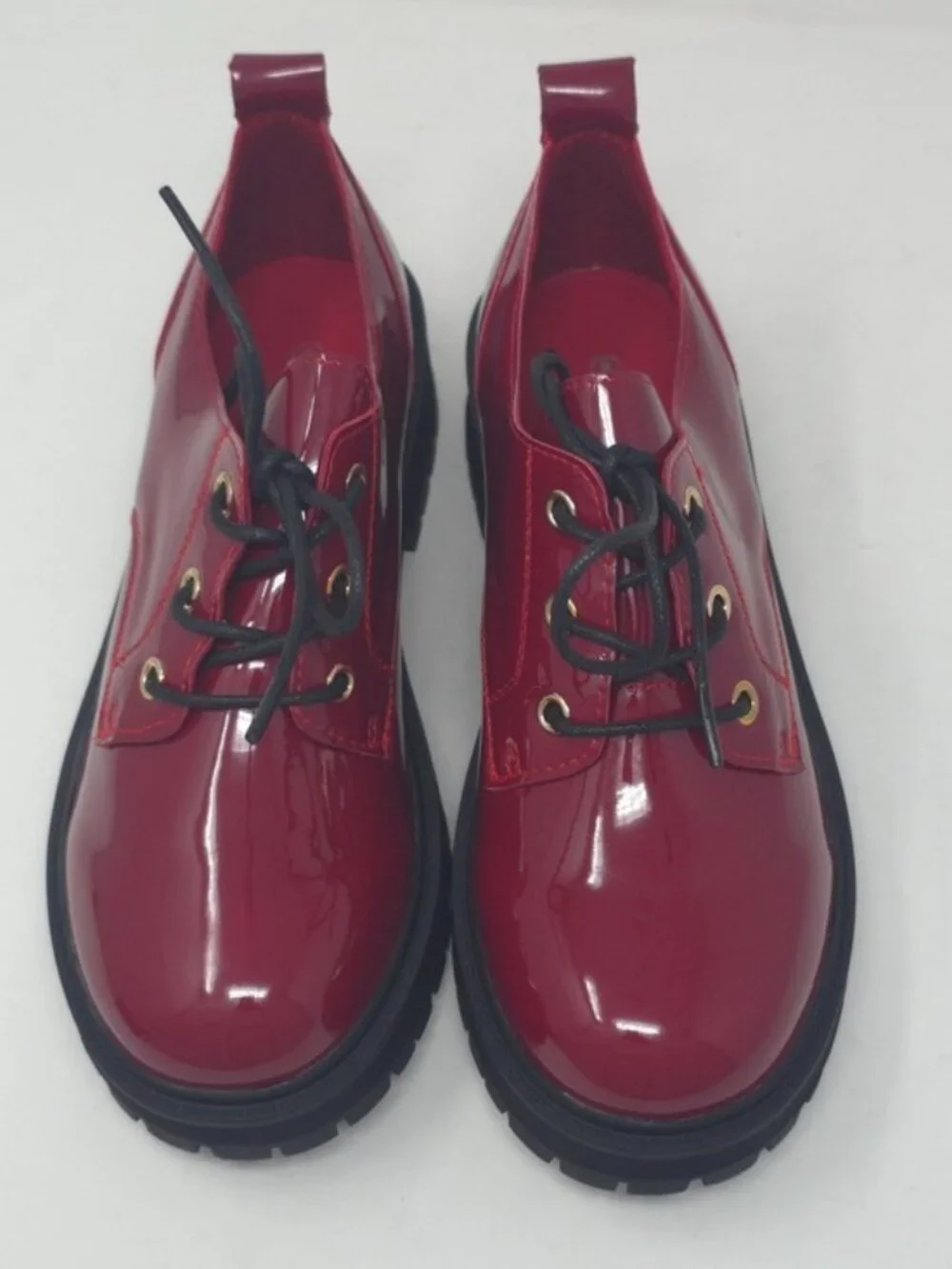 Chunky Faux Leather Platform Oxford Patent  Red Pat Trendy Lug Sole Lace Up - Picture 10 of 10